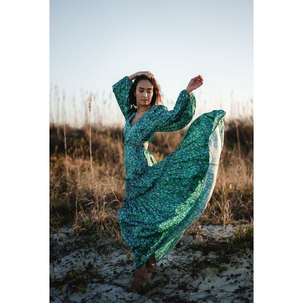 Kivari Acacia Long Sleeve Maxi Dress- Blue Ditzy Spring summer Dress size 4 NWT